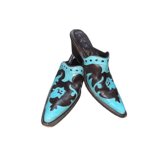 Tony Lama Shoes - Tony Lama Western Wedding Cowboy Leather Boot Classic Heeled Brown Aqua Mules